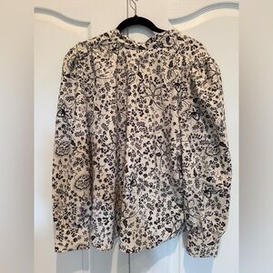 LOFT High Neck Black and White Floral Blouse with back tie, size L